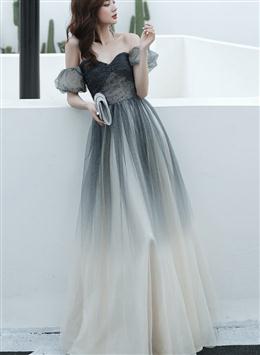 Picture of Black Color Gradient Sweetheart Beaded Off Shoulder Prom Dress, A-line Tulle Evening Dresses Party Dress